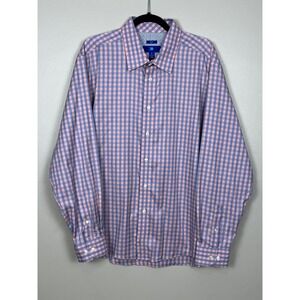 Egara Mens XL Slim Fit Non-Iron Dress Shirt Blue Pink Gingham Plaid Stretch